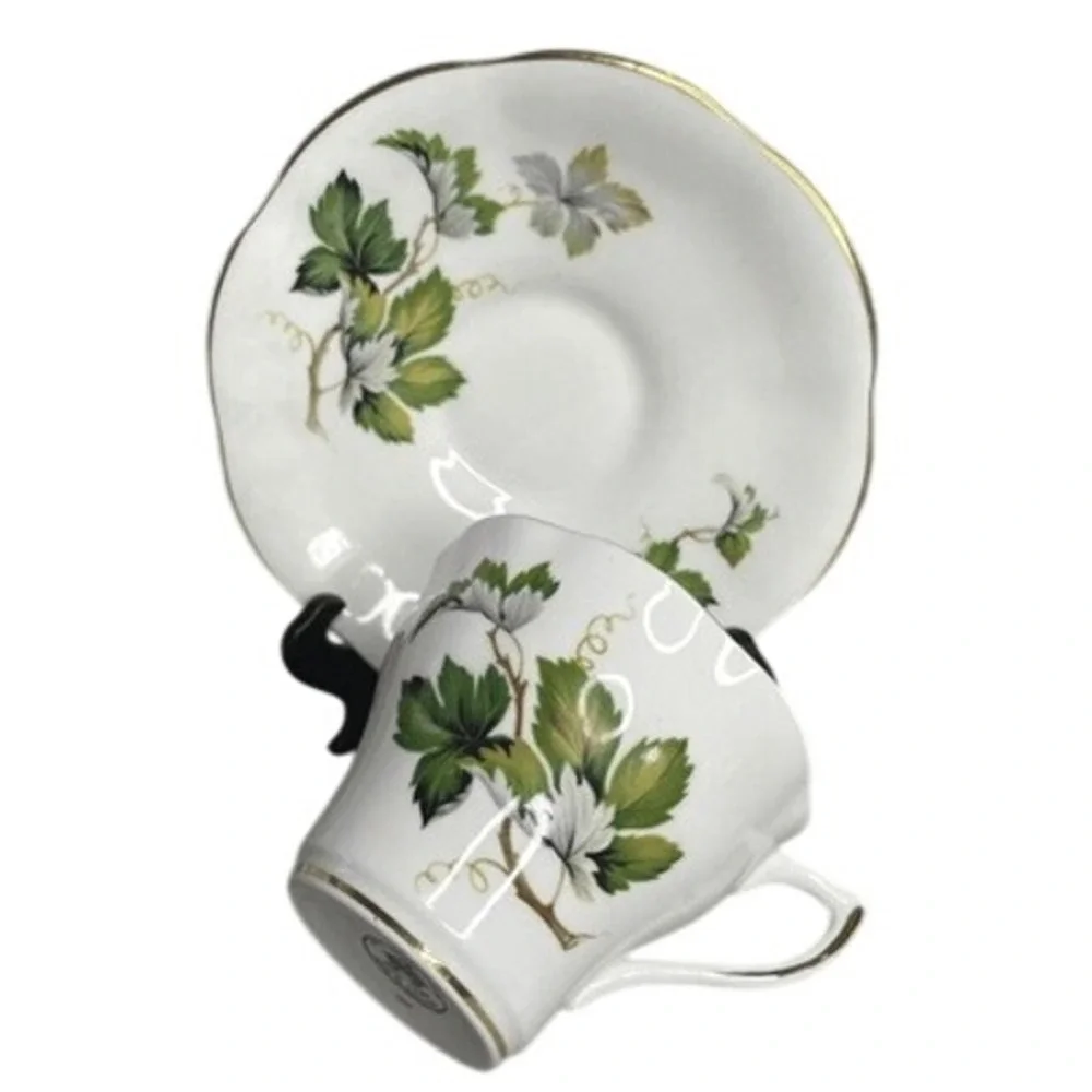 Royal Dover Bone‎ China Tea Cup Saucer Set Green Grape Leaves Gold Rim England